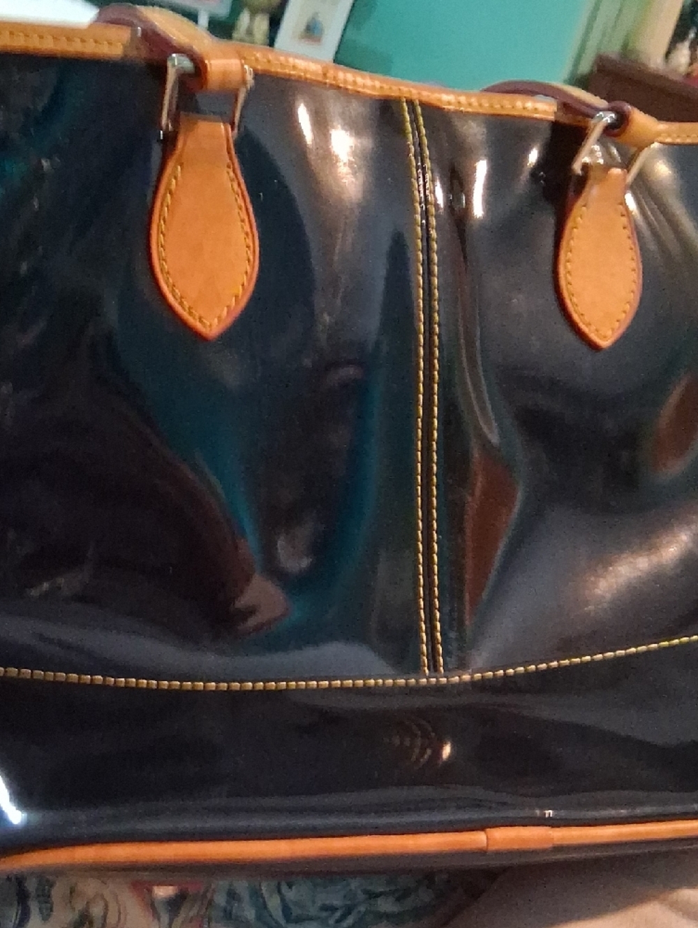 Dooney & Bourke Black Patent Tote with Tan Trim and Heart Charm - Picture 6 of 9